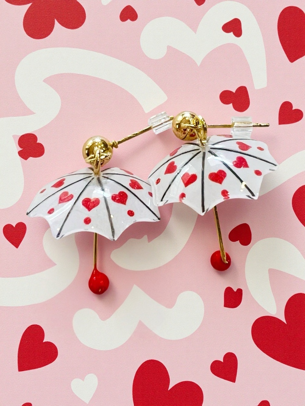 Teeny Tiny Umbrella Gold-Tone Red Hearts and Hearts Drop Earring Set of 3 - Picture 5 of 16